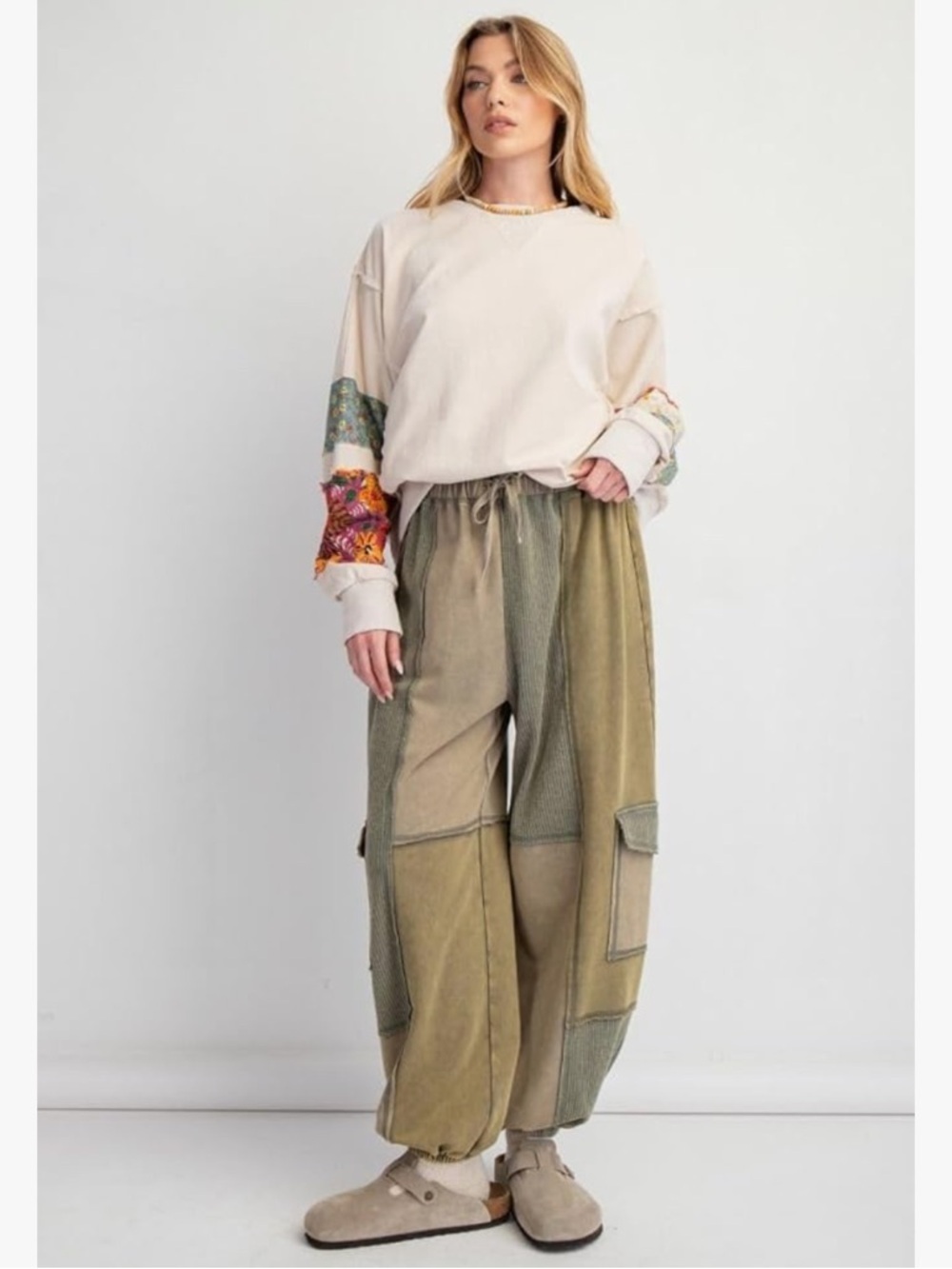 Easel Ayla Color Block Patchwork Terry Knit Cargo Jogger Pants size small olive - Picture 3 of 5